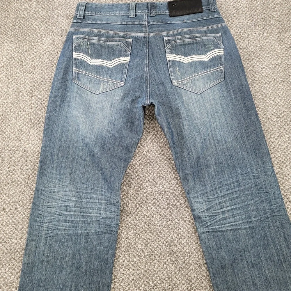 Lamasini Mens Straight Leg Jeans 36x32 Blue Denim Contrast Stitch Distressed